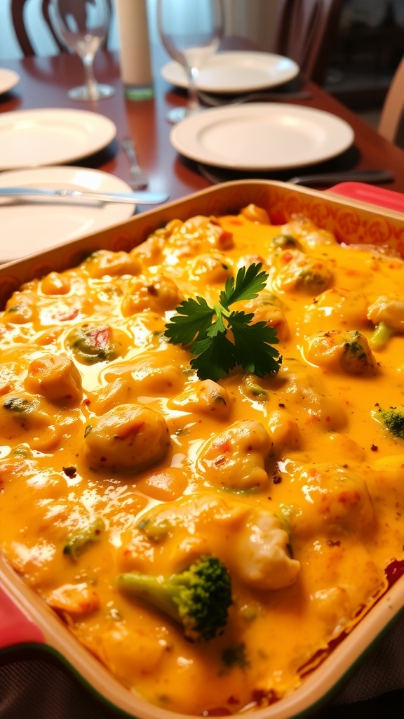 Cheesy chicken and broccoli casserole in a vibrant dish, served on a family dinner table.